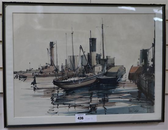 Peter J. Carter (1876-1967), ink and watercolour, Paddlesteamer in harbour 39 x 54cm.